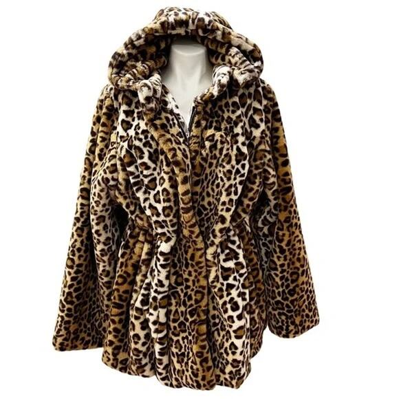 Dennis Basso Timeless classic leopard print faux fur hooded coat lined plus 1x - Picture 1 of 13